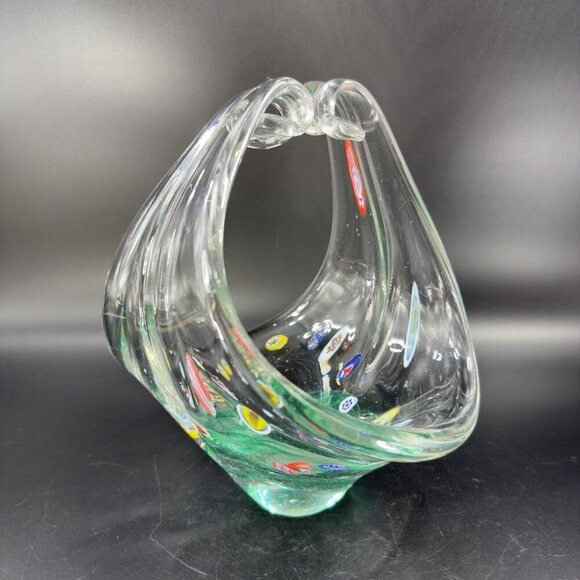 Large Art Glass Basket Bowl Centerpiece With Large Multicolor Millefiori Spots - Picture 13 of 16